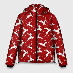 Куртка зимняя мужская Красный паттерн с новогодними оленями, цвет: 3D-черный