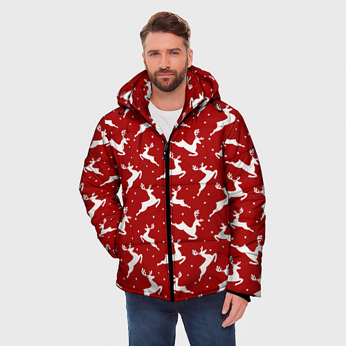 Мужская зимняя куртка Красный паттерн с новогодними оленями / 3D-Черный – фото 3