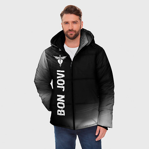 Мужская зимняя куртка Bon Jovi glitch на темном фоне по-вертикали / 3D-Черный – фото 3