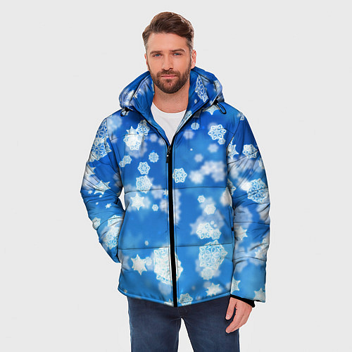 Мужская зимняя куртка Декоративные снежинки на синем / 3D-Черный – фото 3