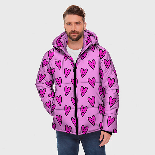 Мужская зимняя куртка Розовые сердечки каракули / 3D-Черный – фото 3