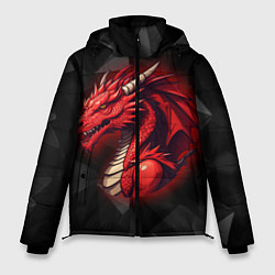 Мужская зимняя куртка Красный дракон на полигональном черном фоне
