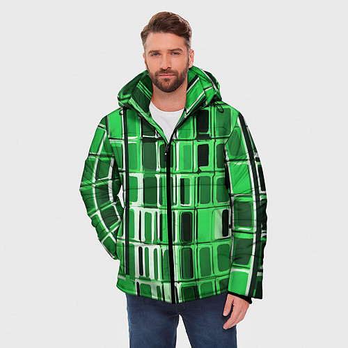 Мужская зимняя куртка Зелёные прямоугольники / 3D-Черный – фото 3