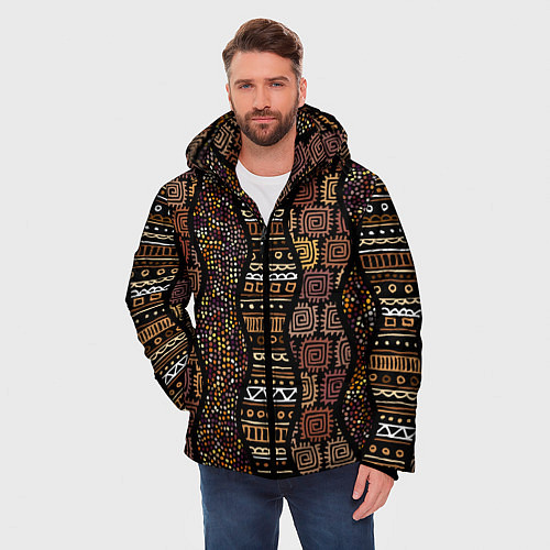 Мужская зимняя куртка Волнистый этнический орнамент / 3D-Черный – фото 3