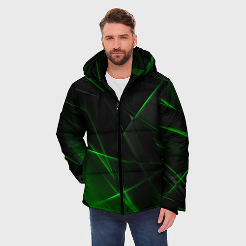 Мужская зимняя куртка Зелёные узоры текстура / 3D-Черный – фото 3