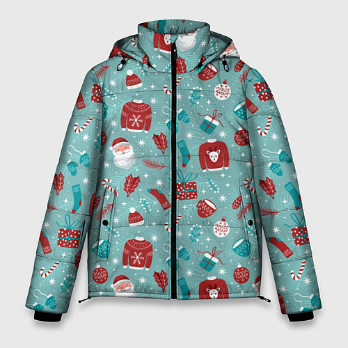 Мужская зимняя куртка Праздничный новогодний узор / 3D-Красный – фото 1
