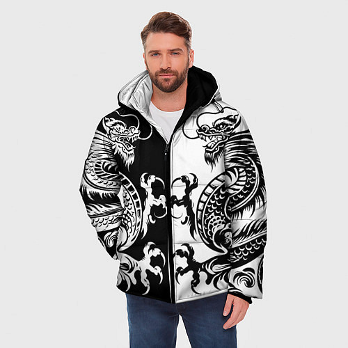 Мужская зимняя куртка Черный и белый дракон / 3D-Черный – фото 3