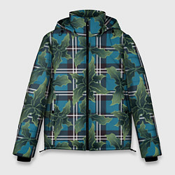 Куртка зимняя мужская Листья остролиста на голубой шотландке, цвет: 3D-черный