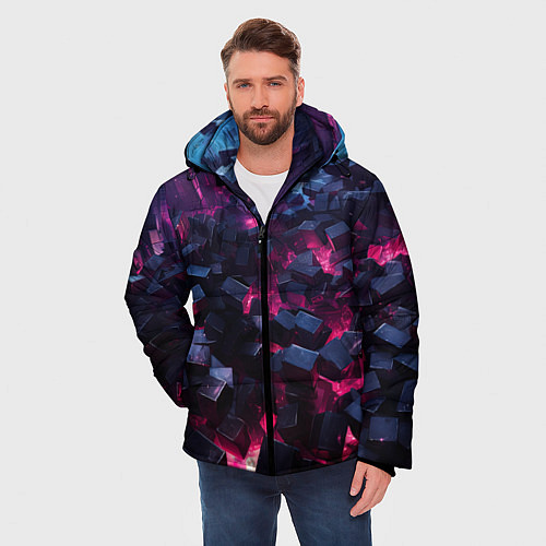 Мужская зимняя куртка Фиолетовые кубы в фиолетовом дыме / 3D-Светло-серый – фото 3