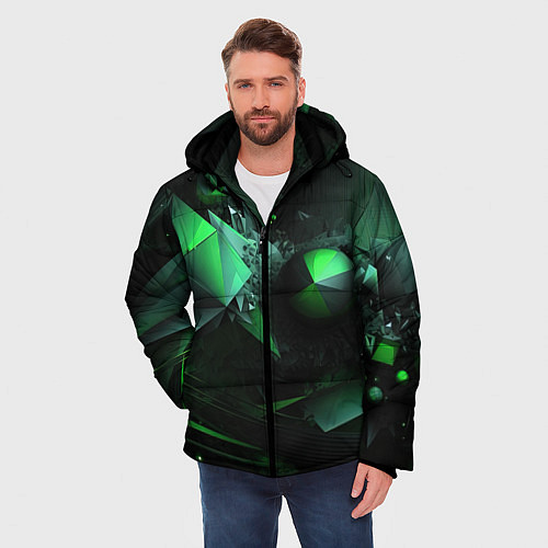 Мужская зимняя куртка Геометрическая текстурная зеленая абстракция / 3D-Светло-серый – фото 3