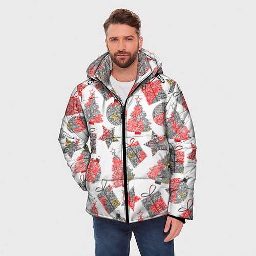 Мужская зимняя куртка Праздничные узоры подарки / 3D-Светло-серый – фото 3