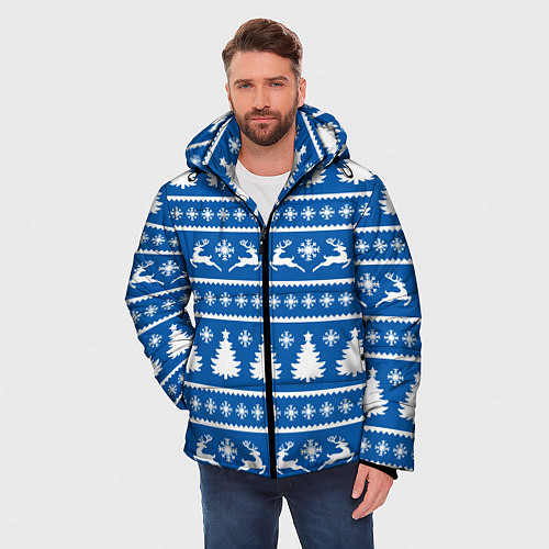 Мужская зимняя куртка Синий свитер с новогодними оленями / 3D-Черный – фото 3