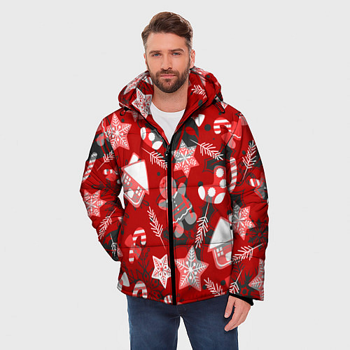 Мужская зимняя куртка Рождественские паттерны / 3D-Красный – фото 3
