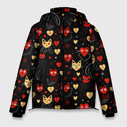 Куртка зимняя мужская Паттерн с сердечками и котами валентинка, цвет: 3D-красный