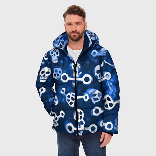 Мужская зимняя куртка Белые черепки и кости на синем / 3D-Красный – фото 3