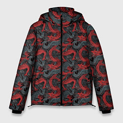 Мужская зимняя куртка Красные драконы на сером фоне