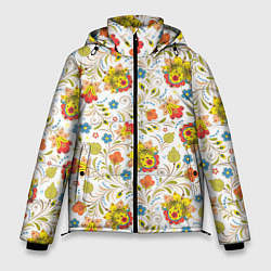 Мужская зимняя куртка Хохломская роспись разноцветные цветы на белом фон