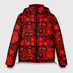 Мужская зимняя куртка Хохломская роспись красные цветы и ягоды на чёрном