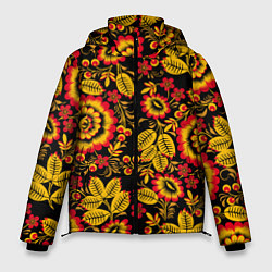 Мужская зимняя куртка Хохломская роспись золотистые листья и цветы чёрно