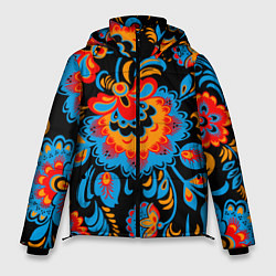 Мужская зимняя куртка Хохломская роспись разноцветные цветы на чёроном ф