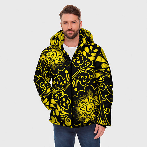 Мужская зимняя куртка Хохломская роспись золотые цветы на чёроном фоне / 3D-Черный – фото 3