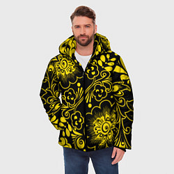 Куртка зимняя мужская Хохломская роспись золотые цветы на чёроном фоне, цвет: 3D-черный — фото 2