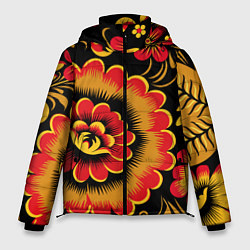 Мужская зимняя куртка Хохломская роспись красно-жёлтые цветы на чёрном ф