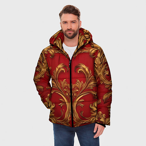 Мужская зимняя куртка Золотые узоры на красном / 3D-Черный – фото 3