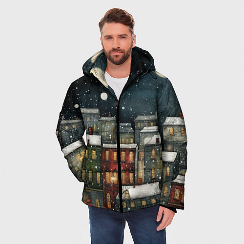 Мужская зимняя куртка Новогодний рисованный город / 3D-Красный – фото 3