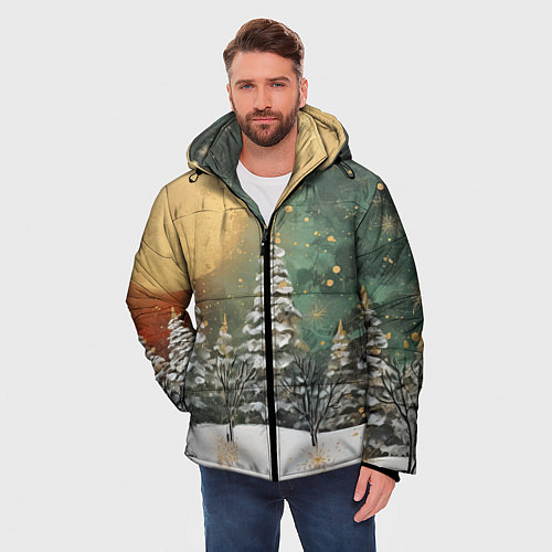 Мужская зимняя куртка Большая луна и новогодний лес / 3D-Черный – фото 3