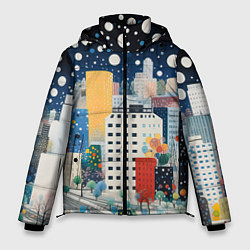Куртка зимняя мужская Новогодний ночной город, цвет: 3D-черный