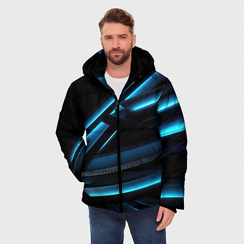 Мужская зимняя куртка Черная абстракция с синим неоновым ярким свечением / 3D-Черный – фото 3