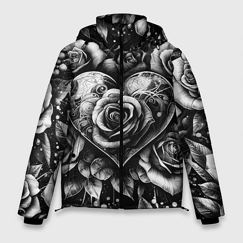 Мужская зимняя куртка Черно белое сердце и розы / 3D-Красный – фото 1