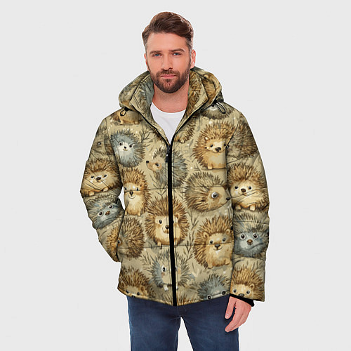 Мужская зимняя куртка Паттерн лесной ежик / 3D-Красный – фото 3