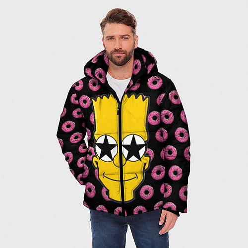 Мужская зимняя куртка Барт Симпсон на фоне пончиков / 3D-Черный – фото 3