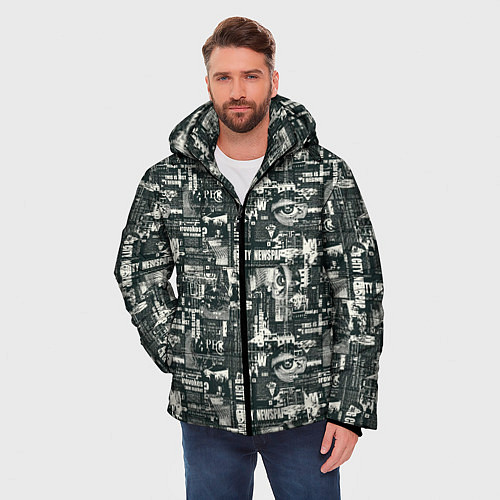 Мужская зимняя куртка Абстрактная газетная тематика / 3D-Светло-серый – фото 3