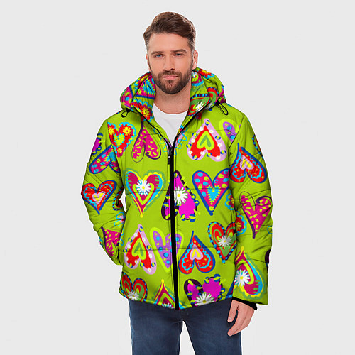 Мужская зимняя куртка Разноцветные сердца в мексиканском стиле / 3D-Черный – фото 3