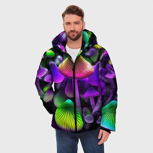 Мужская зимняя куртка Люминесцентные грибы / 3D-Черный – фото 3