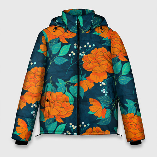 Мужская зимняя куртка Паттерн с оранжевыми цветами / 3D-Светло-серый – фото 1