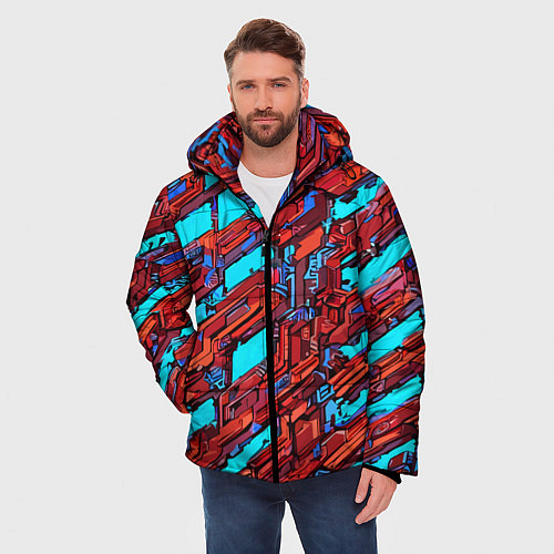 Мужская зимняя куртка Красные фрагменты на голубом фоне / 3D-Черный – фото 3