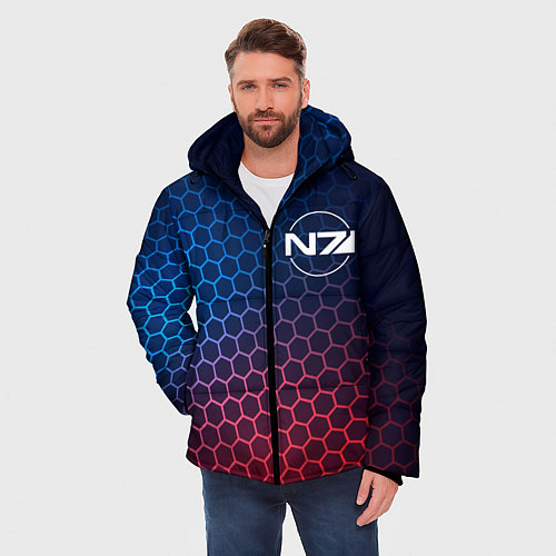 Мужская зимняя куртка Mass Effect неоновые соты / 3D-Черный – фото 3