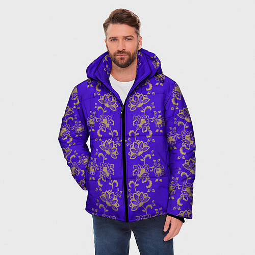 Мужская зимняя куртка Контурные цветы на фиолетовом фоне / 3D-Светло-серый – фото 3