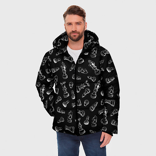 Мужская зимняя куртка Много шахматных фигур на черном паттерне / 3D-Черный – фото 3