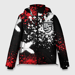 Куртка зимняя мужская Логотип Порше на фоне граффити и брызг красок, цвет: 3D-красный