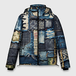 Куртка зимняя мужская Иероглифы на пэчворк дениме, цвет: 3D-черный