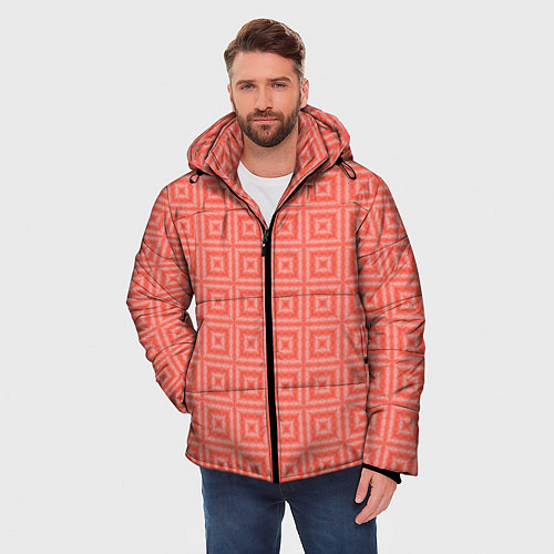 Мужская зимняя куртка Кораллового цвета геометрический клетчатый узор / 3D-Черный – фото 3