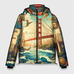 Мужская зимняя куртка Мост через реку и пэчворк - нейросеть арт USA brid