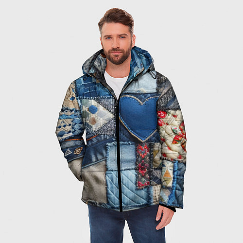 Мужская зимняя куртка Джинсовый пэчворк - нейросеть / 3D-Черный – фото 3
