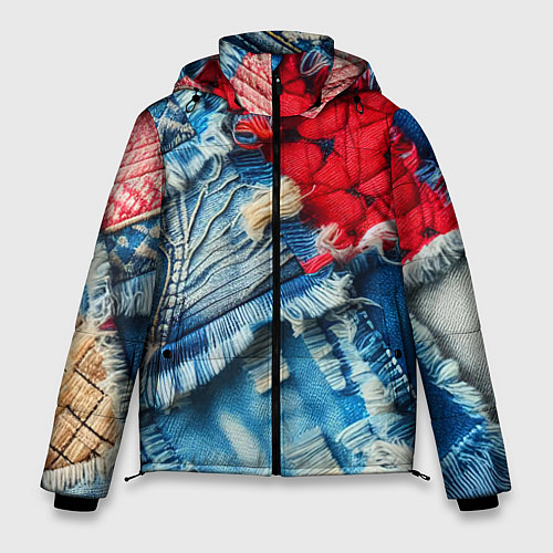 Мужская зимняя куртка Авангардный джинсовый пэчворк - нейросеть / 3D-Красный – фото 1