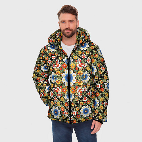Мужская зимняя куртка Русские цветочные узоры красно-желтые / 3D-Черный – фото 3